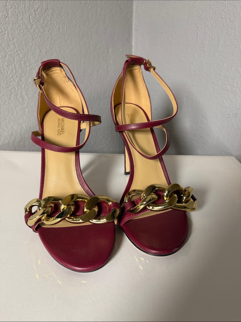 NwOT Michael Kors Burgundy Strappy Heels with Gold Chain Accent